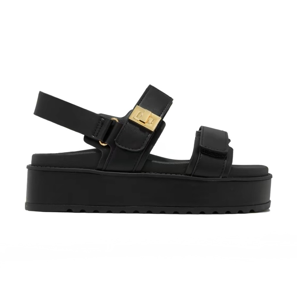Black Double Velcro Straps Platform Sandals - Picture 4 of 7